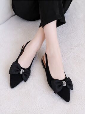 Top Moda Black Bow Slingback Flats Rhinestone Pointed Toe Size 7.5 New